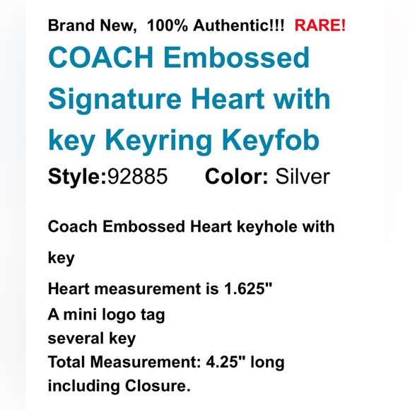 COACH Silver keyhole Embossed Signature Heart Keychain Keyring Key-fob 4” NWOT - Picture 7 of 7